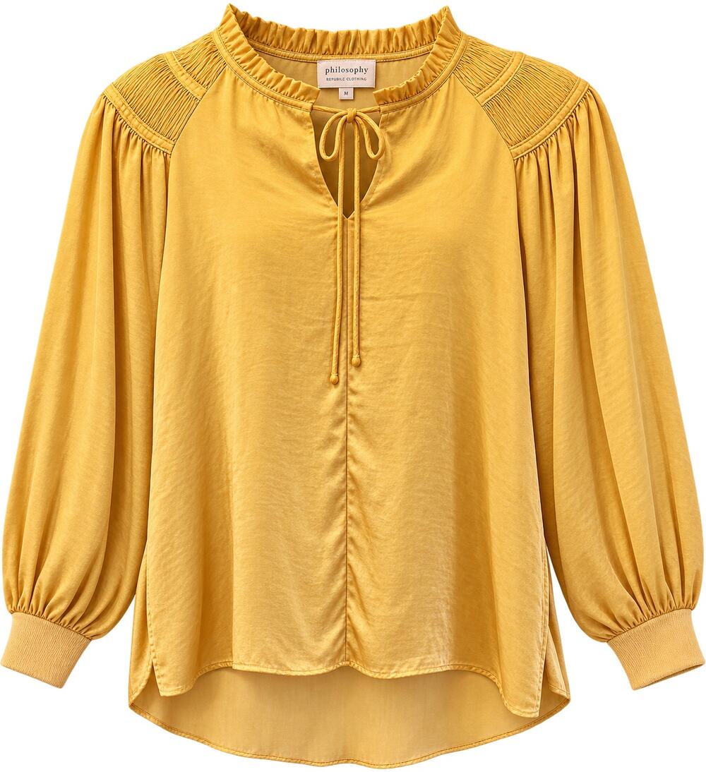 Philosophy Republic Clothing Women's M Gold Satin Tie Neck Long Sleeve Blouse